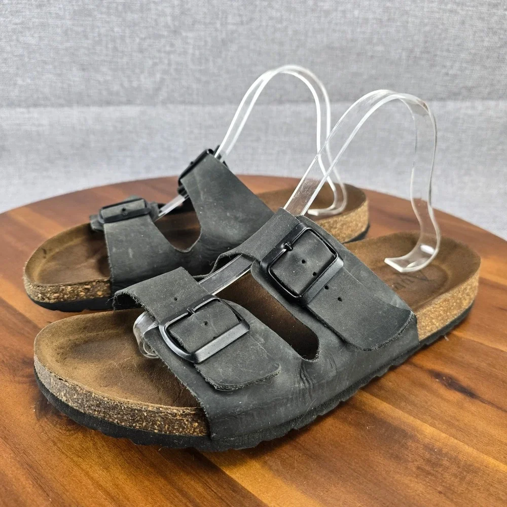 Aurenti Genuine Leather Black Double Strap Buckle Cork Footbed SlideSandals SZ11